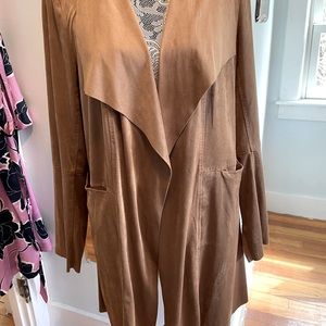 Tan faux suede cascade front hip length light coat